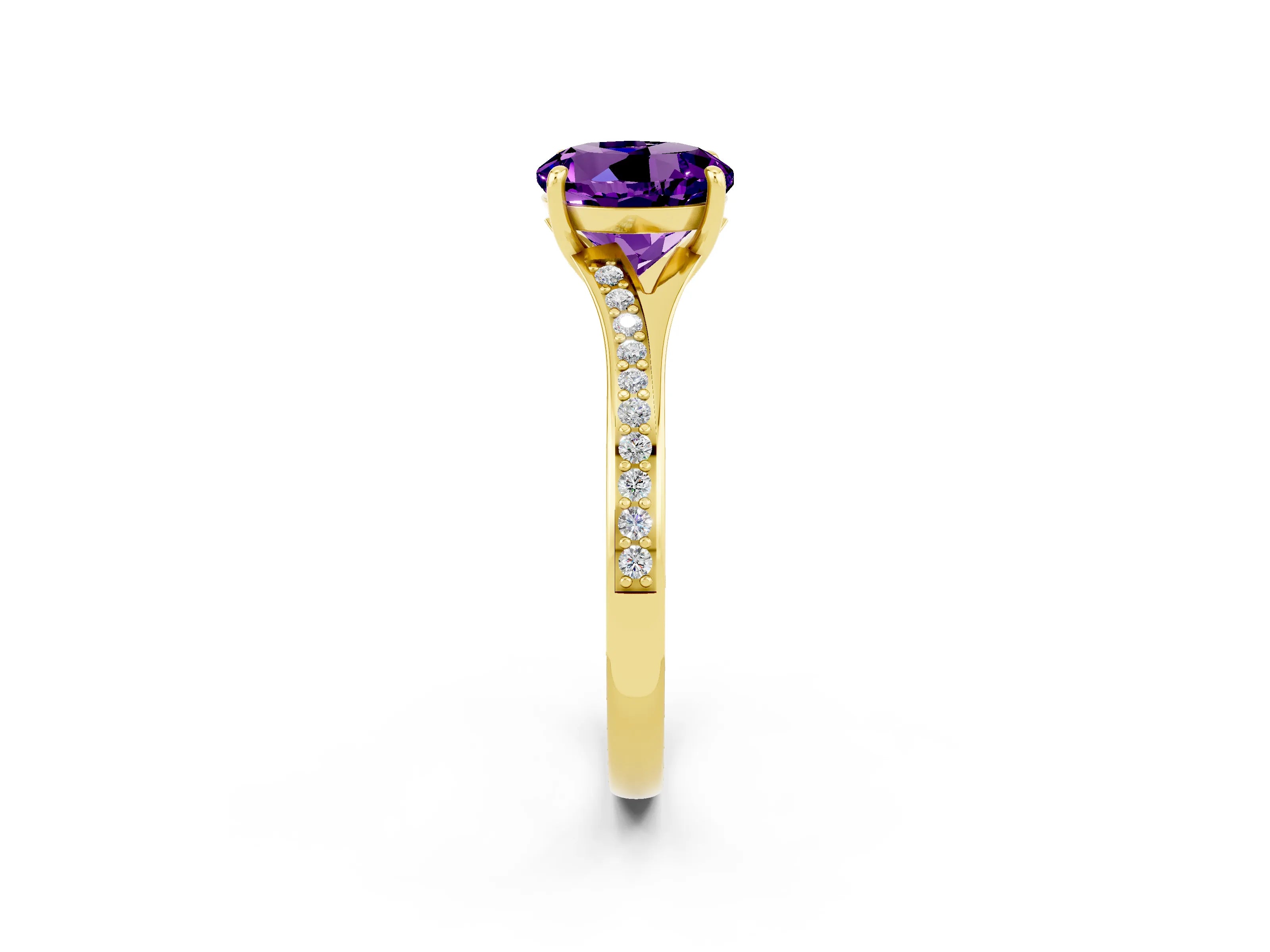 Yellow gold Round Cut Amethyst Solitaire Ring with Pavé Band and Prong Setting_2