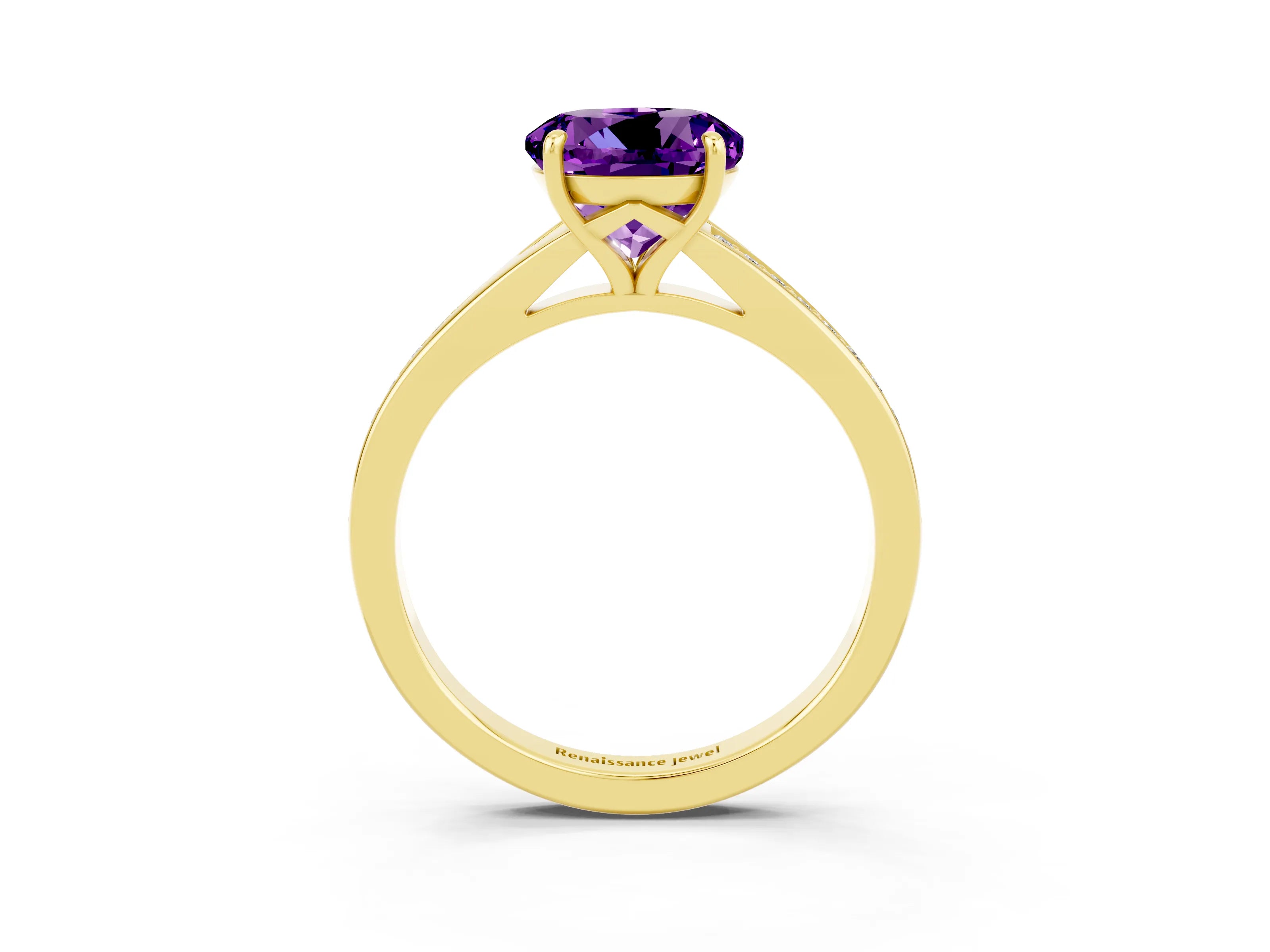 Yellow gold Round Cut Amethyst Solitaire Ring with Pavé Band and Prong Setting_3