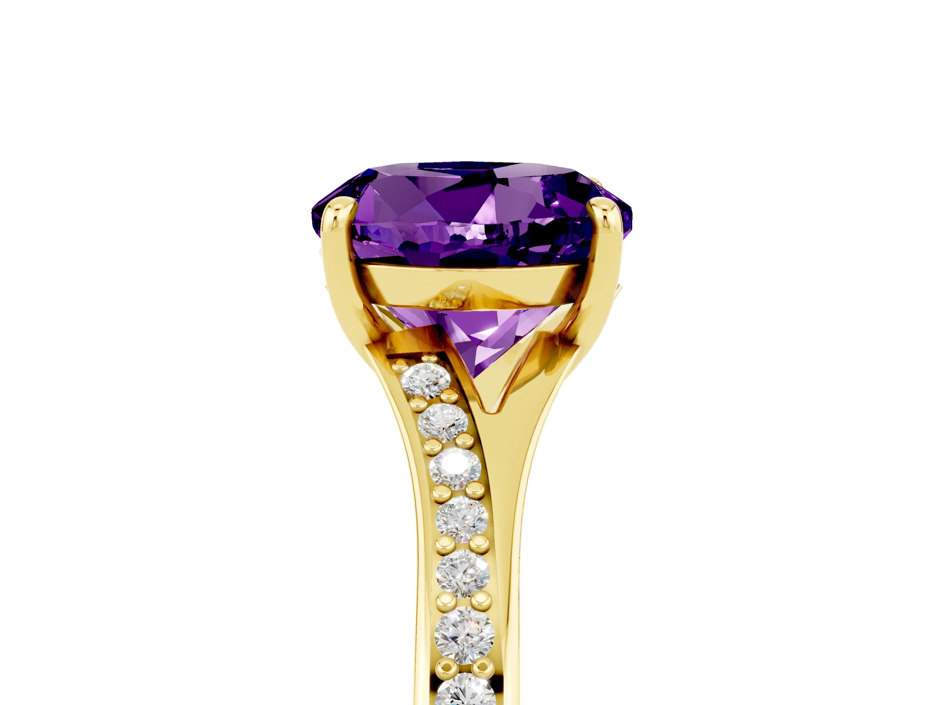 Yellow gold Round Cut Amethyst Solitaire Ring with Pavé Band and Prong Setting_5