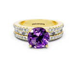 Yellow gold Round Cut Amethyst Solitaire Ring with Pavé and Channel Set Band