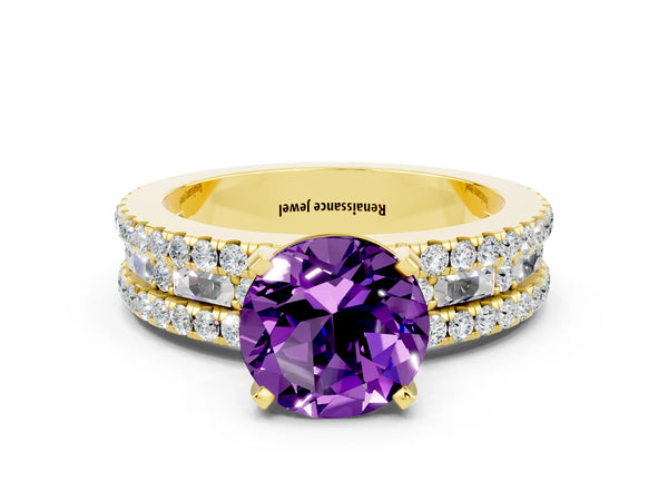 Yellow gold Round Cut Amethyst Solitaire Ring with Pavé and Channel Set Band