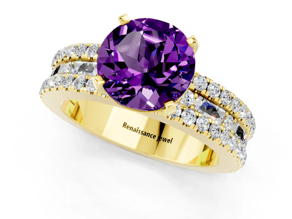 Yellow gold Round Cut Amethyst Solitaire Ring with Pavé and Channel Set Band
