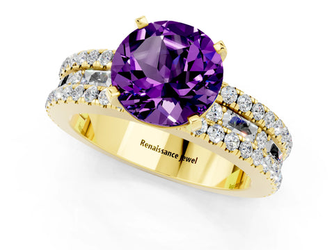 Yellow gold Round Cut Amethyst Solitaire Ring with Pavé and Channel Set Band_1