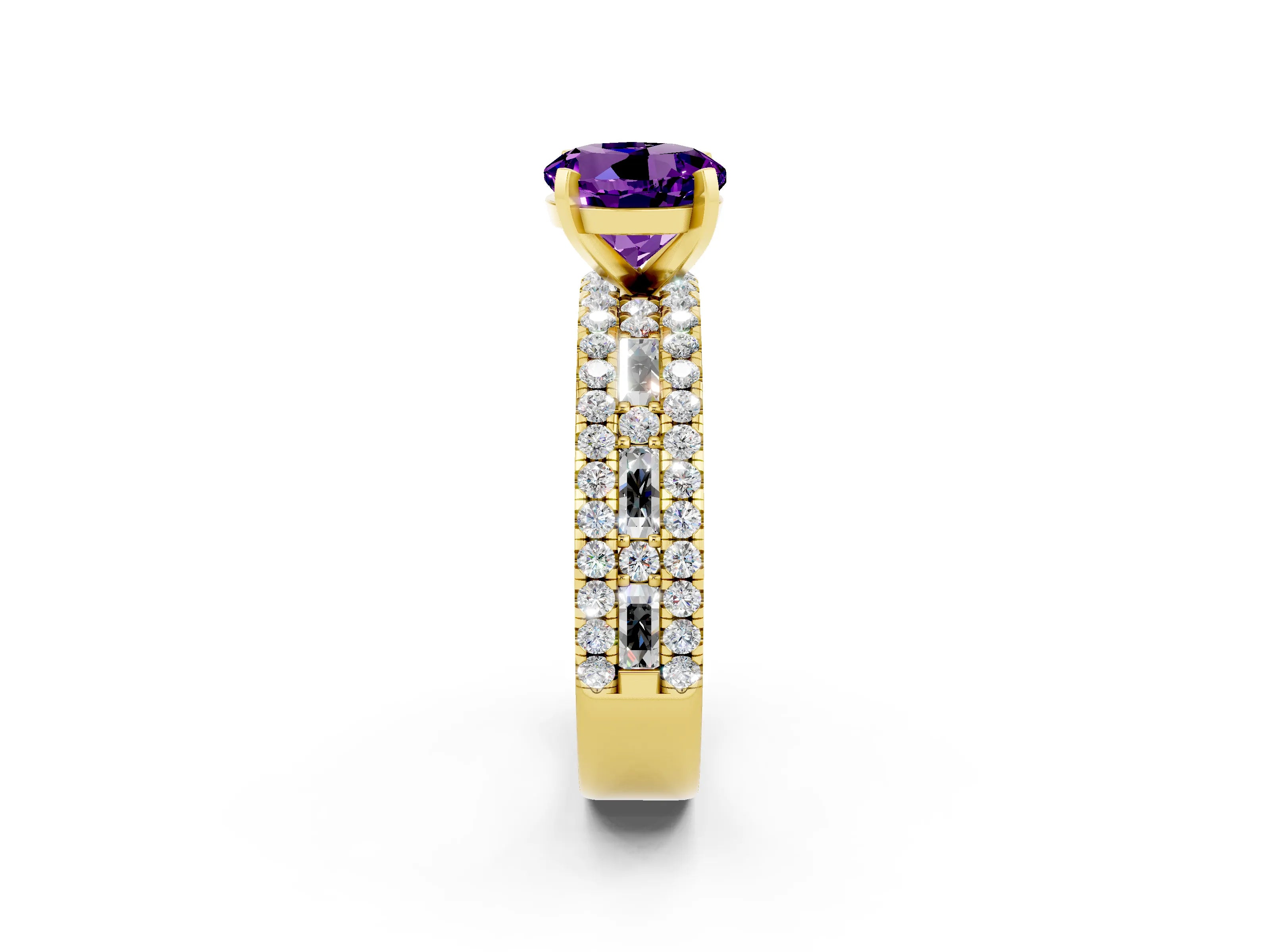 Yellow gold Round Cut Amethyst Solitaire Ring with Pavé and Channel Set Band_2