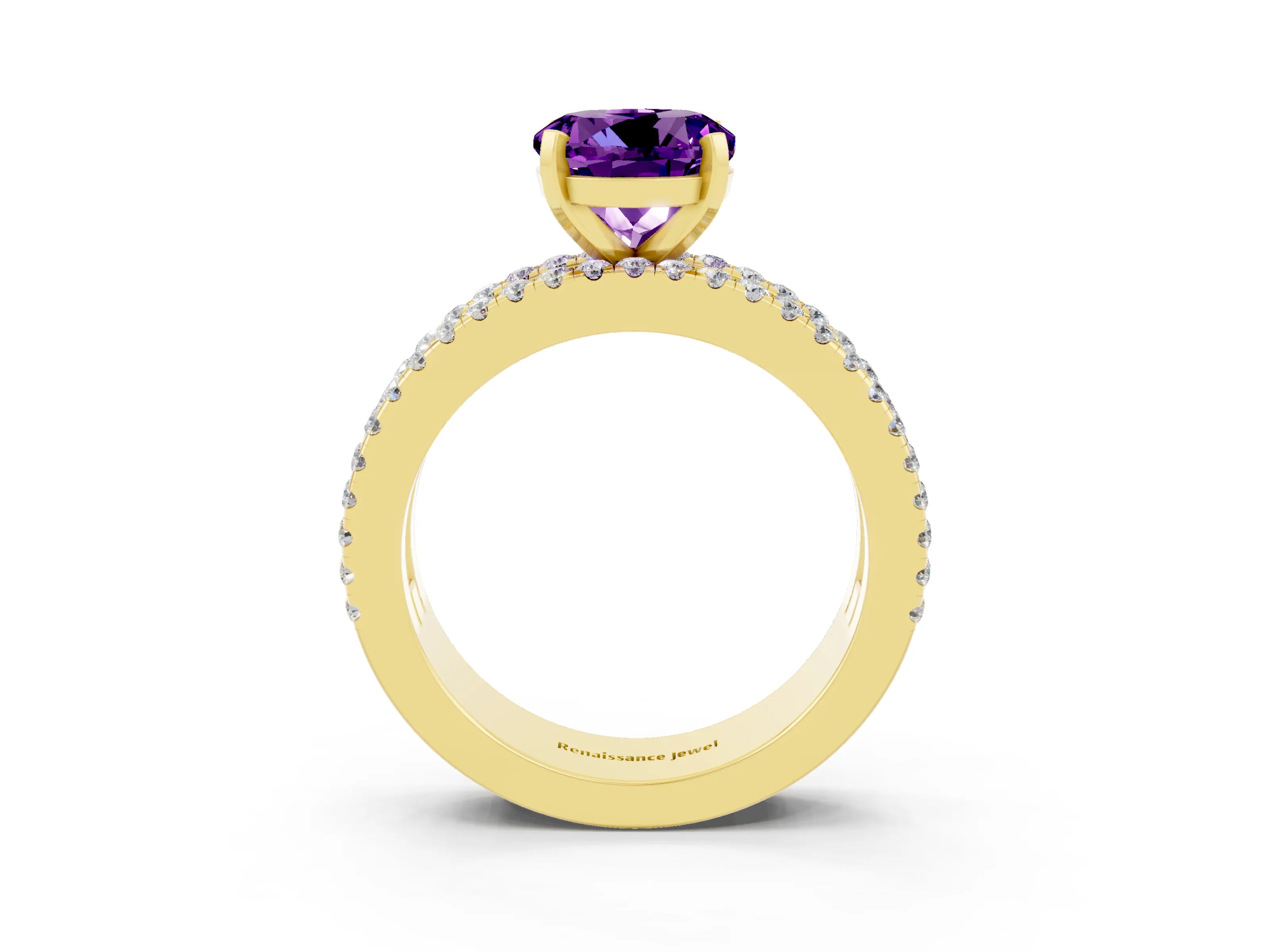 Yellow gold Round Cut Amethyst Solitaire Ring with Pavé and Channel Set Band_3