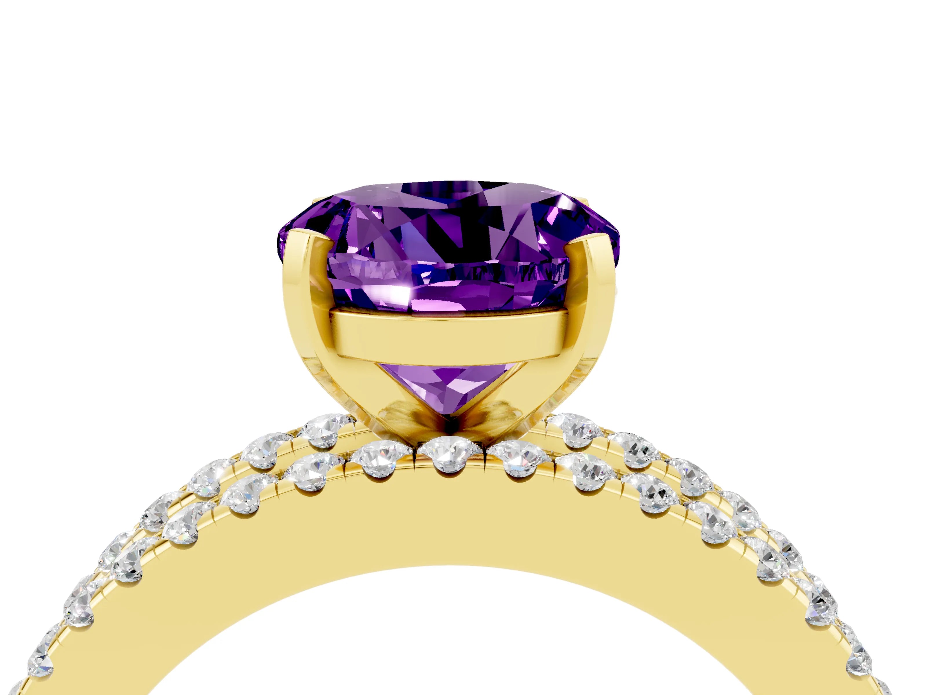 Yellow gold Round Cut Amethyst Solitaire Ring with Pavé and Channel Set Band_4