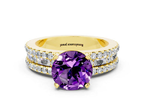 Yellow gold Round Cut Amethyst Solitaire Ring with Pavé and Channel Set Band