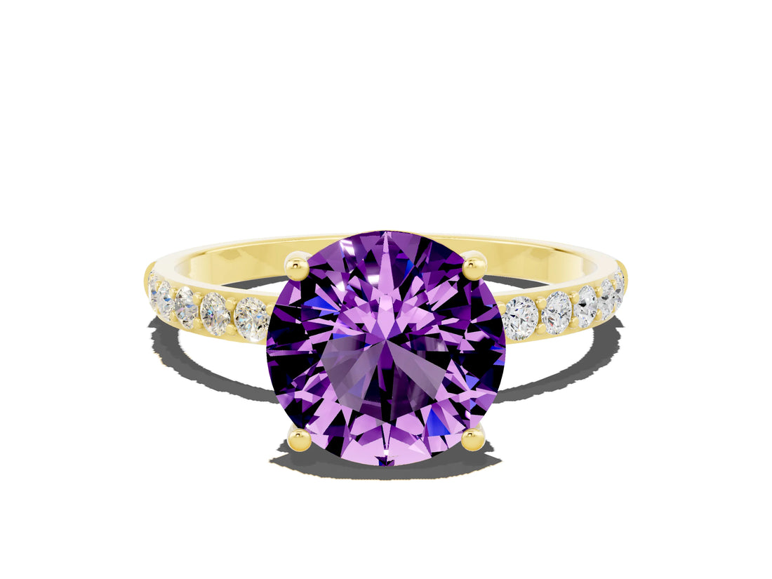 Yellow gold Round Cut Amethyst Solitaire Ring with Pave Band and Four Prong Setting_24