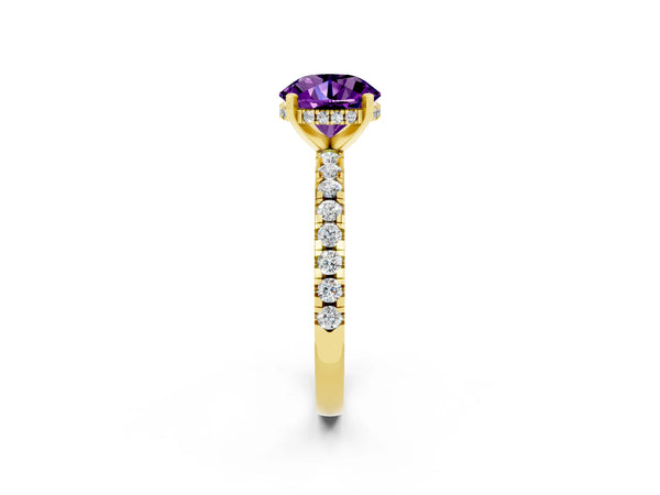 Yellow Gold Round Amethyst Hidden Halo Engagement Ring with Pave Band