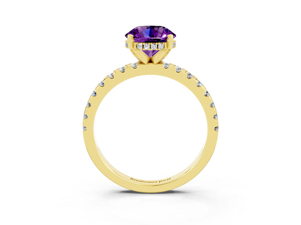Yellow Gold Round Amethyst Hidden Halo Engagement Ring with Pave Band