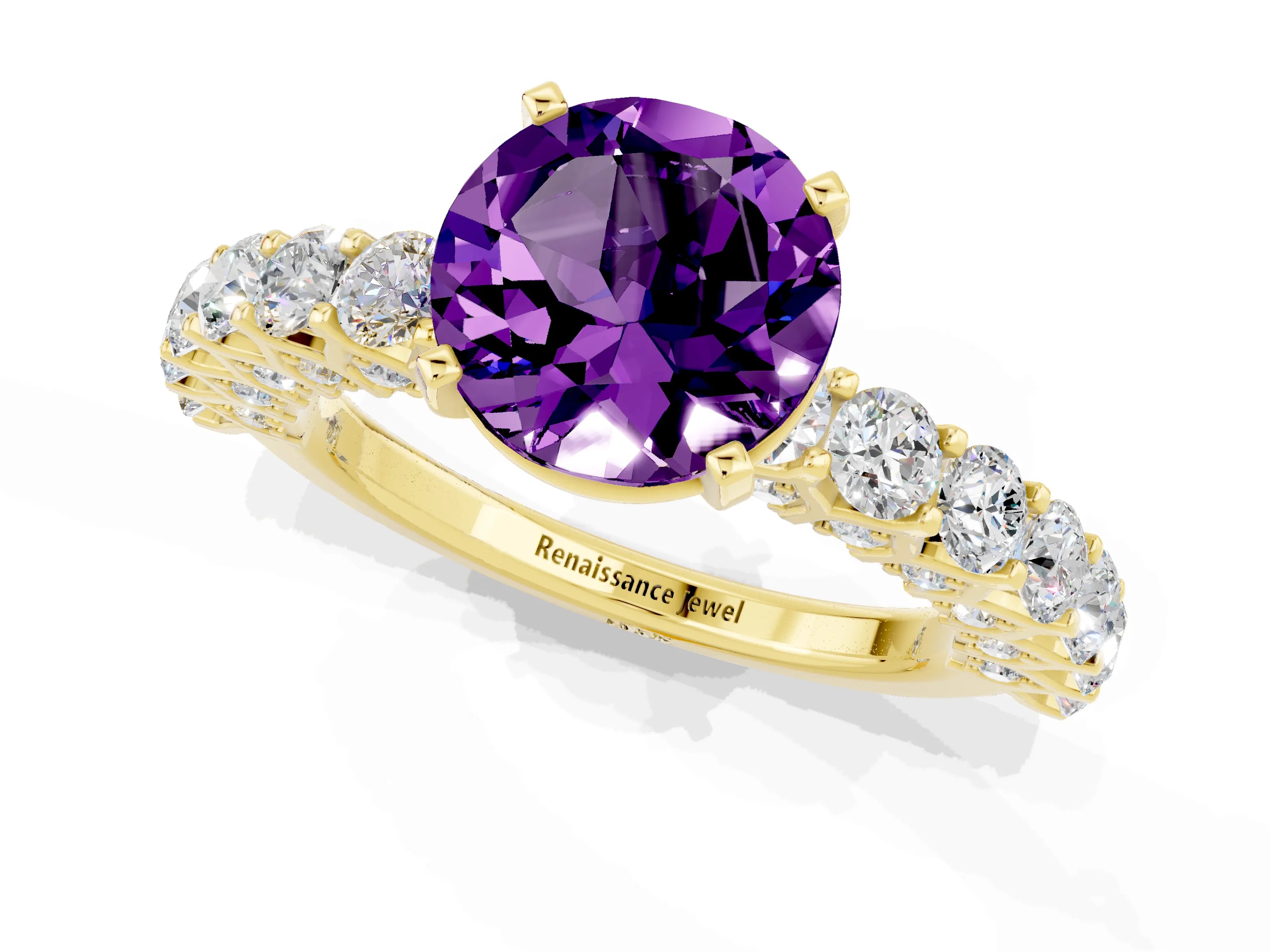 Yellow gold Round Cut Amethyst Solitaire Ring with Shared Prong Pavé Band and Four-Prong Setting_1