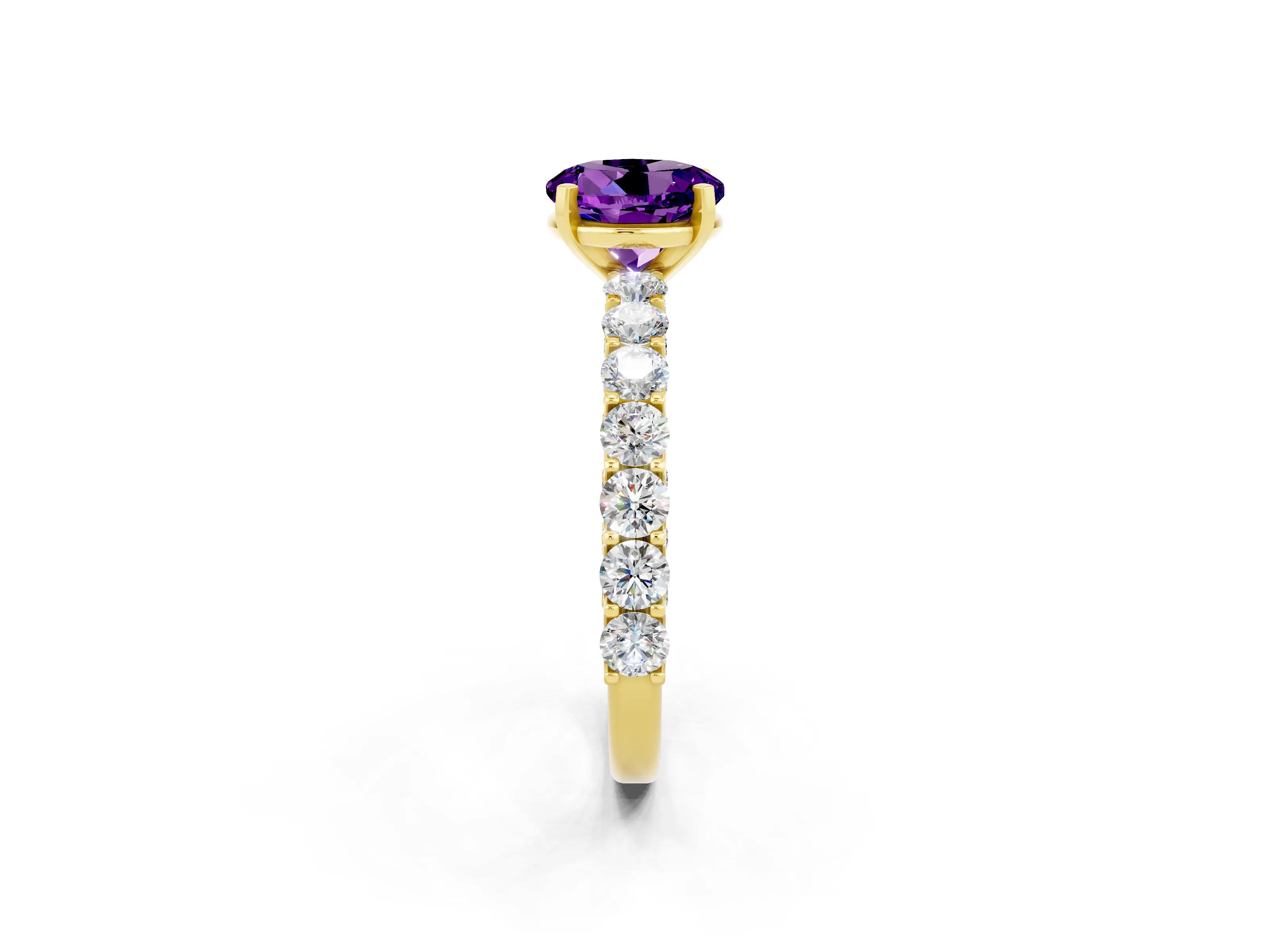 Yellow gold Round Cut Amethyst Solitaire Ring with Shared Prong Pavé Band and Four-Prong Setting_2