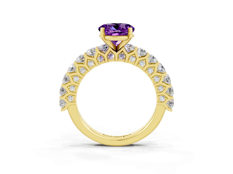 Yellow gold Round Cut Amethyst Solitaire Ring with Shared Prong Pavé Band and Four-Prong Setting_3