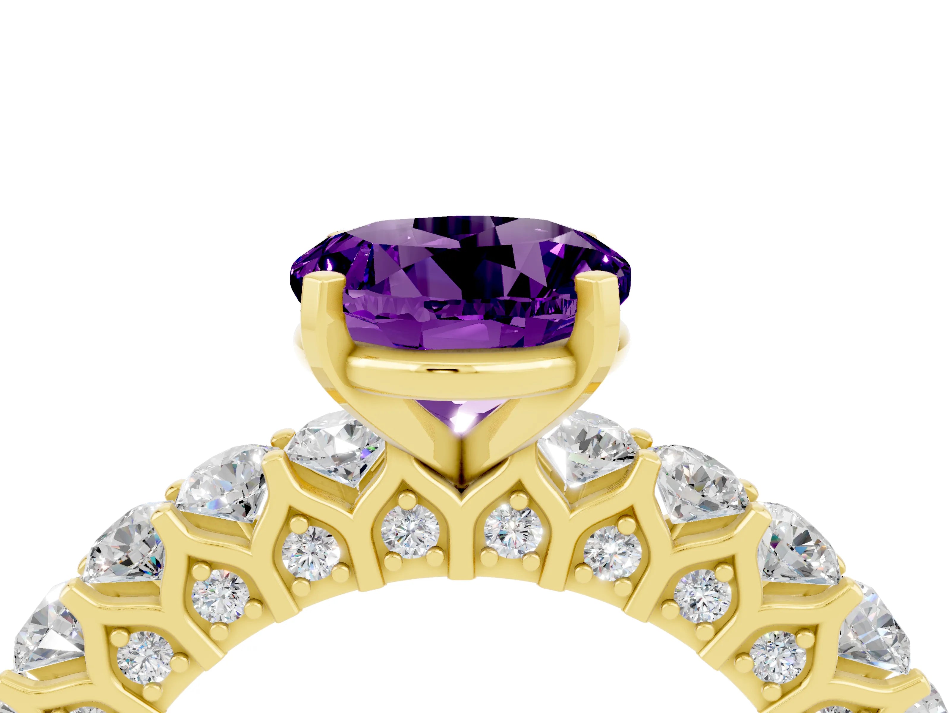 Yellow gold Round Cut Amethyst Solitaire Ring with Shared Prong Pavé Band and Four-Prong Setting_4