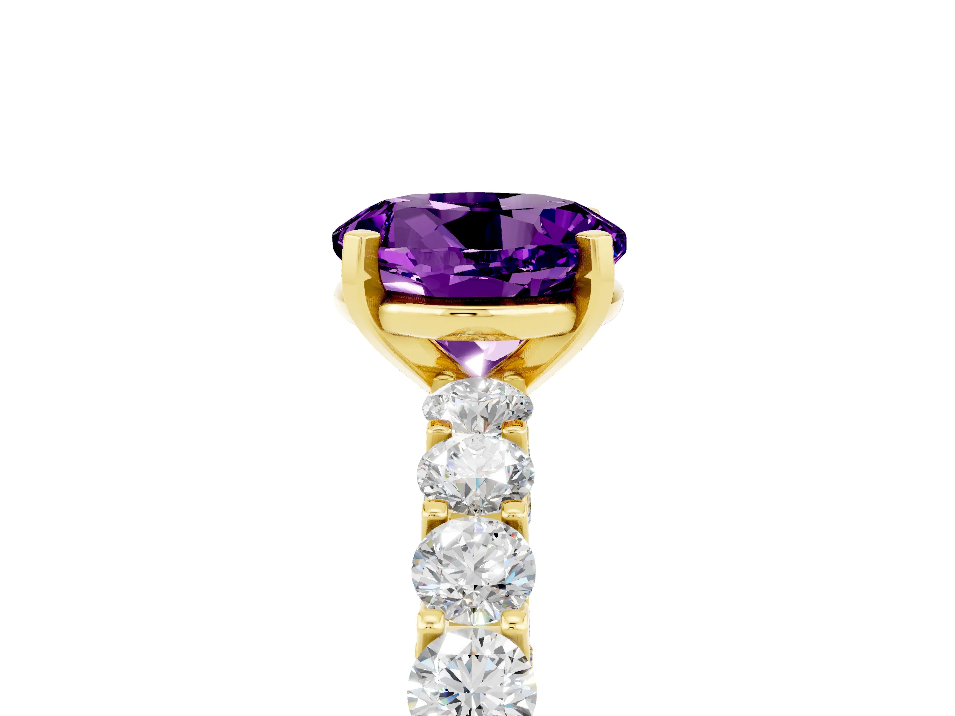 Yellow gold Round Cut Amethyst Solitaire Ring with Shared Prong Pavé Band and Four-Prong Setting_5