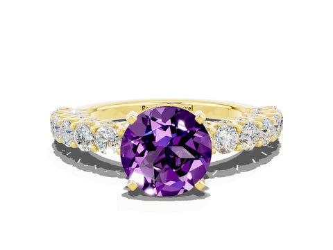Yellow gold Round Cut Amethyst Solitaire Ring with Shared Prong Pavé Band and Four-Prong Setting