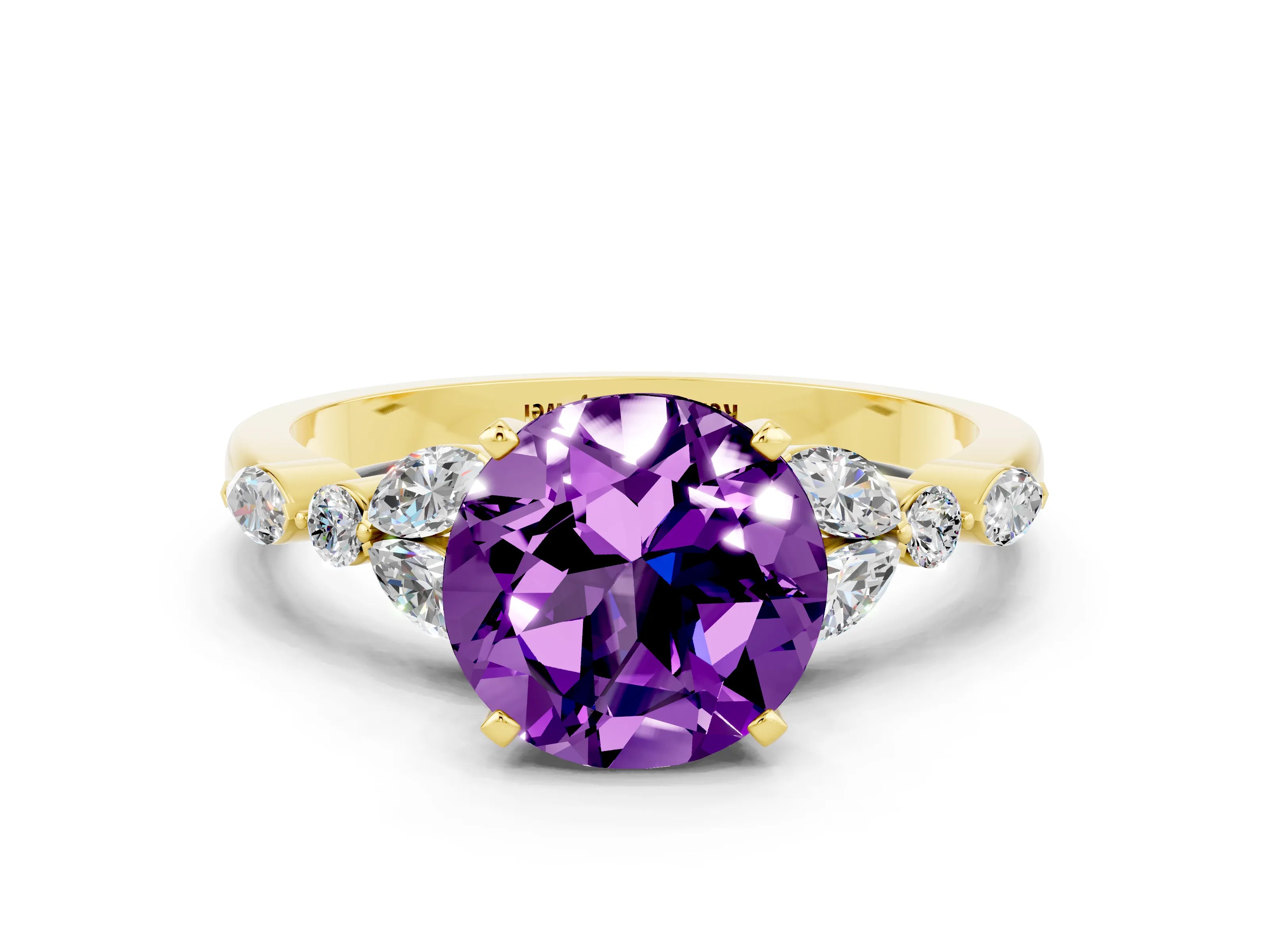 Yellow gold Round Cut Amethyst Solitaire Ring with Side Stones and Four-Prong Setting_12
