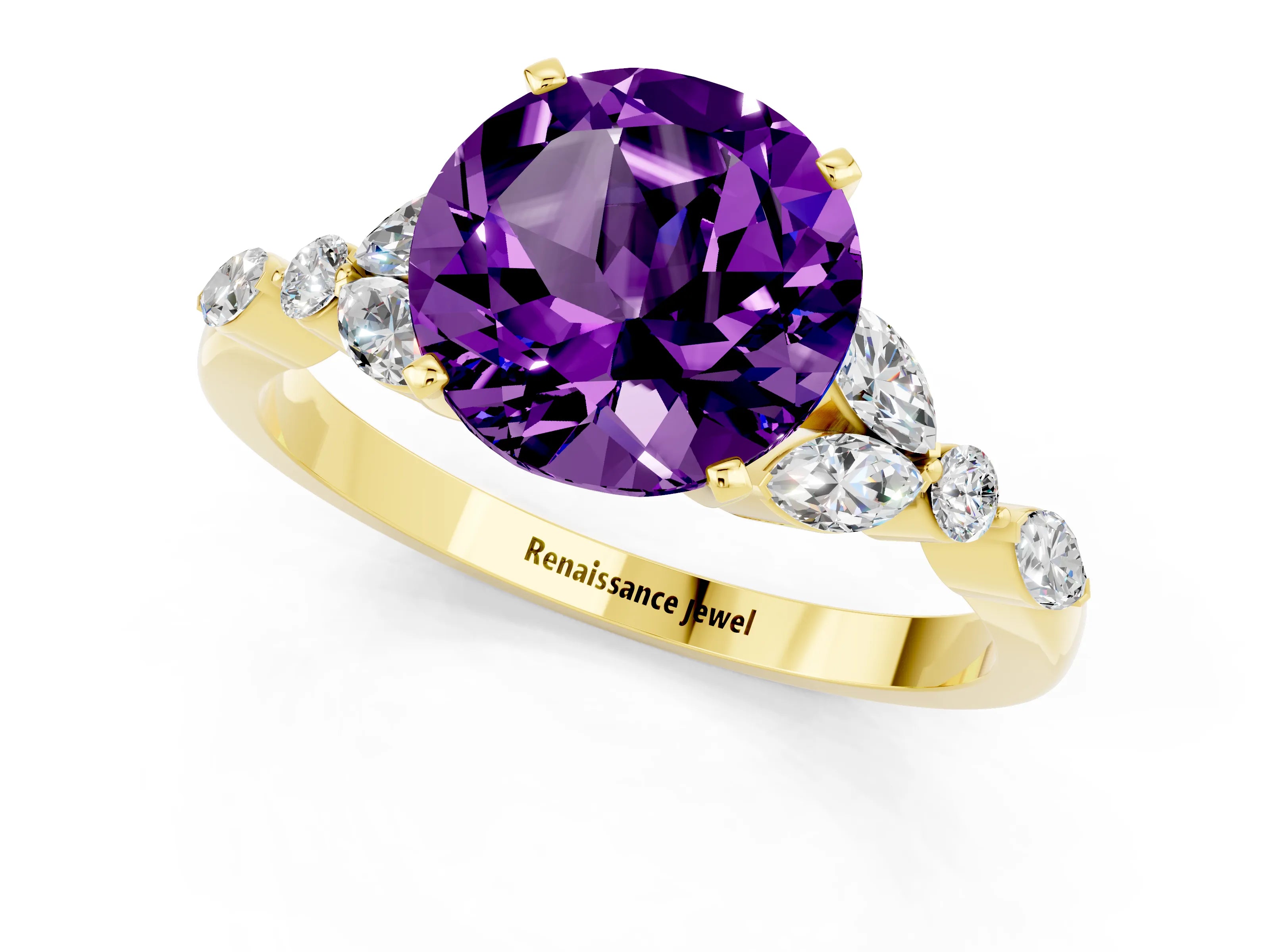 Yellow gold Round Cut Amethyst Solitaire Ring with Side Stones and Four-Prong Setting_13