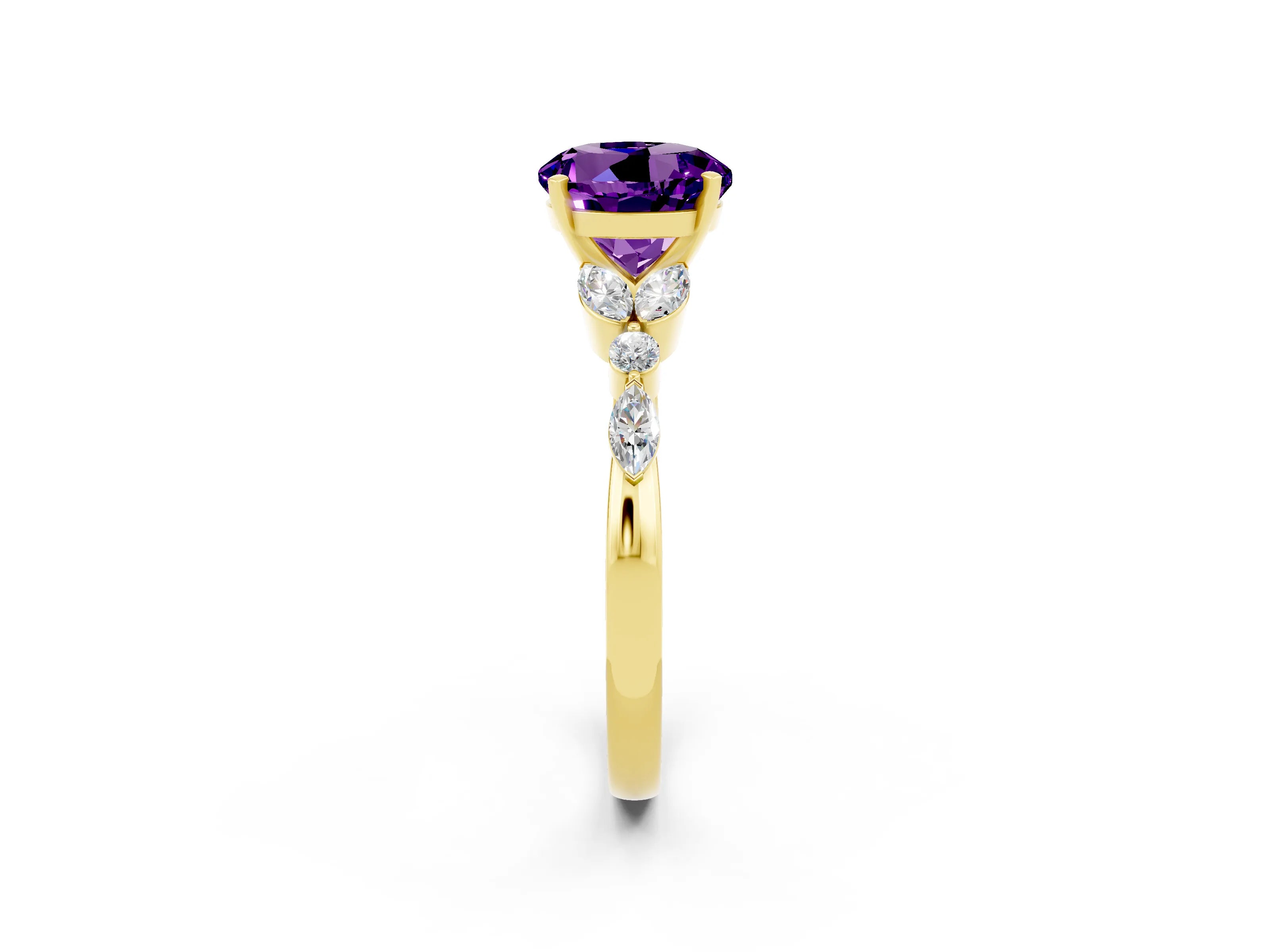 Yellow gold Round Cut Amethyst Solitaire Ring with Side Stones and Four-Prong Setting_14