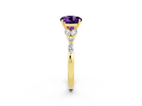 Yellow gold Round Cut Amethyst Solitaire Ring with Side Stones and Four-Prong Setting_14
