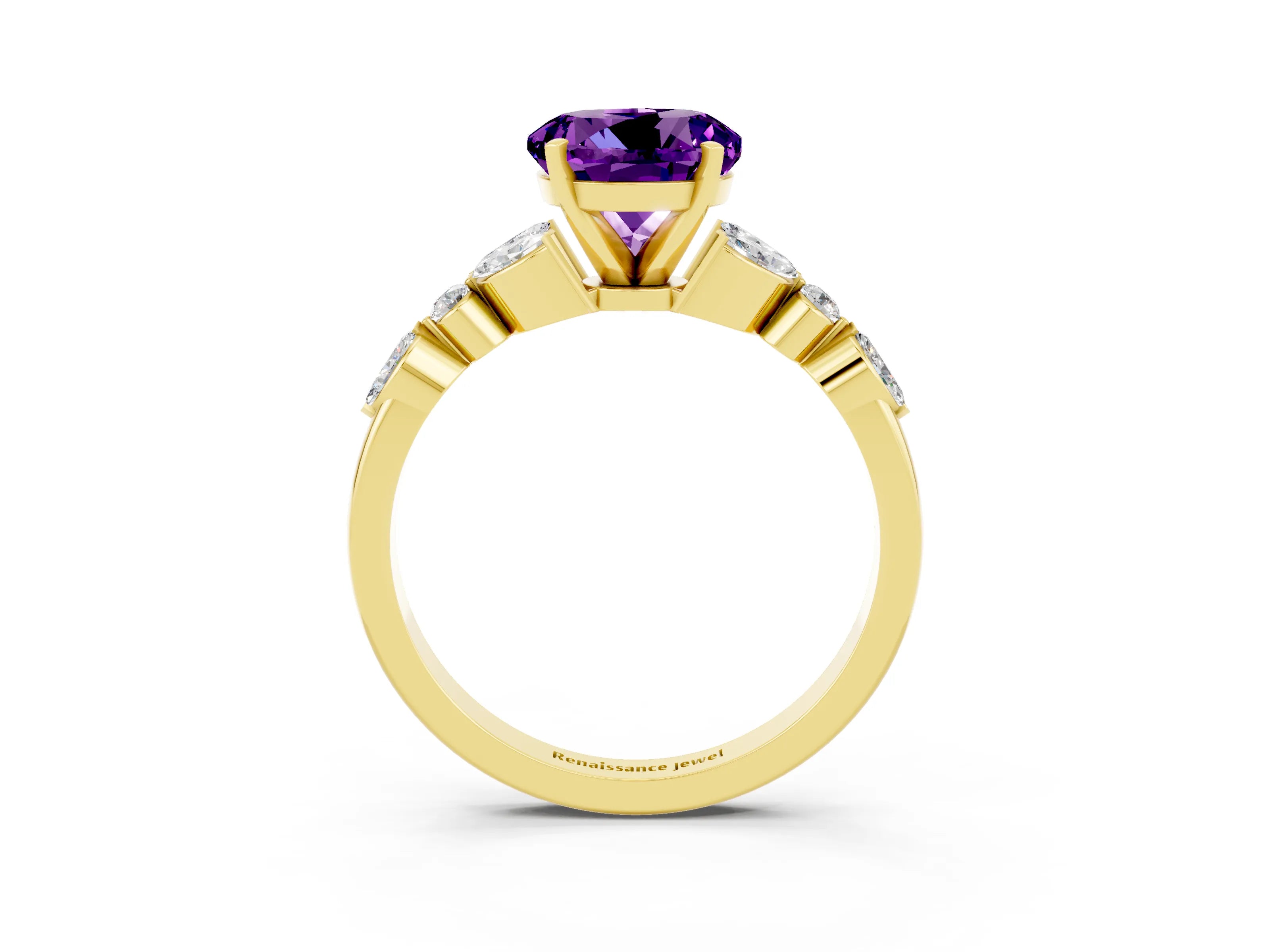 Yellow gold Round Cut Amethyst Solitaire Ring with Side Stones and Four-Prong Setting_15
