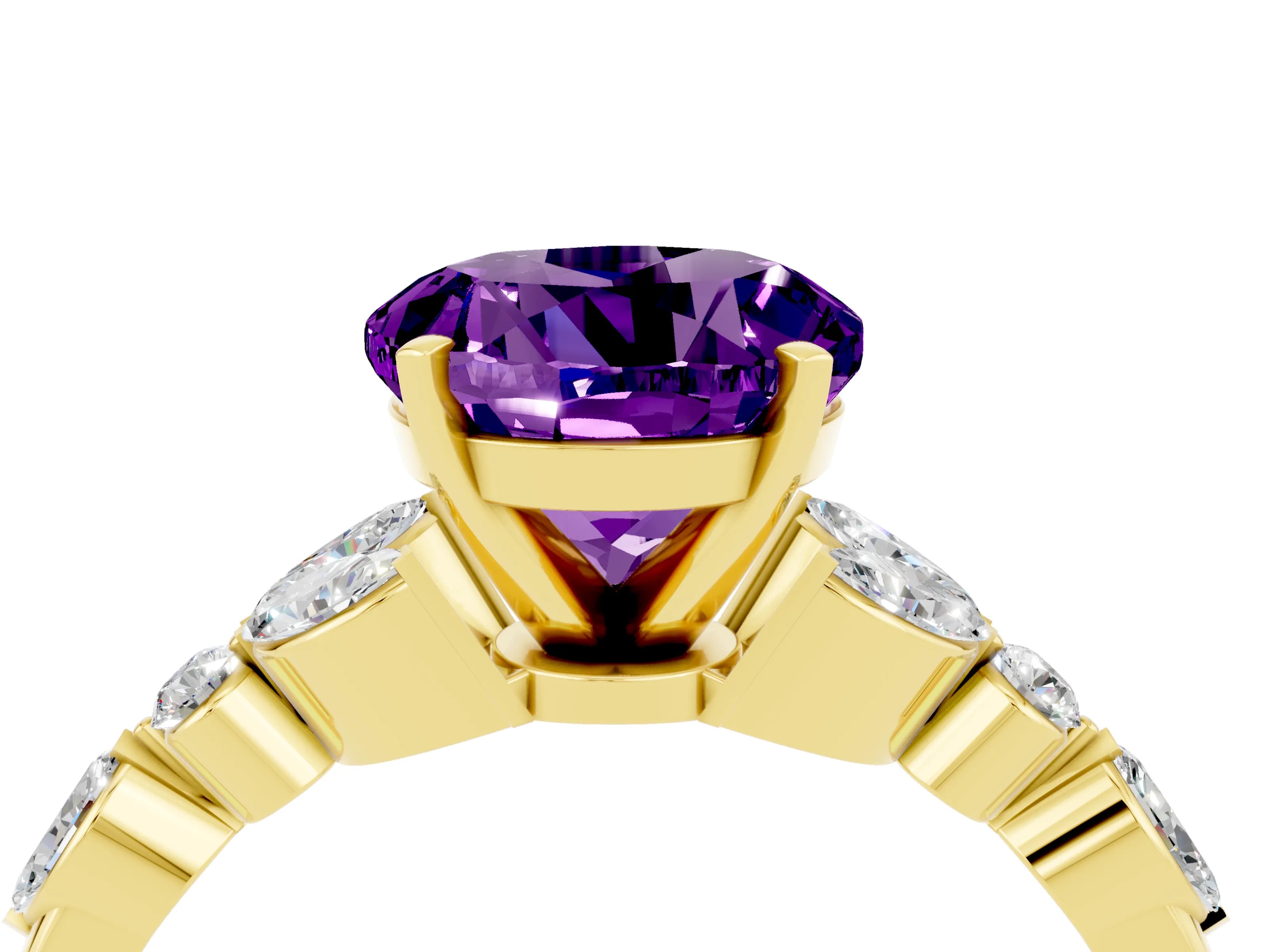 Yellow gold Round Cut Amethyst Solitaire Ring with Side Stones and Four-Prong Setting_16