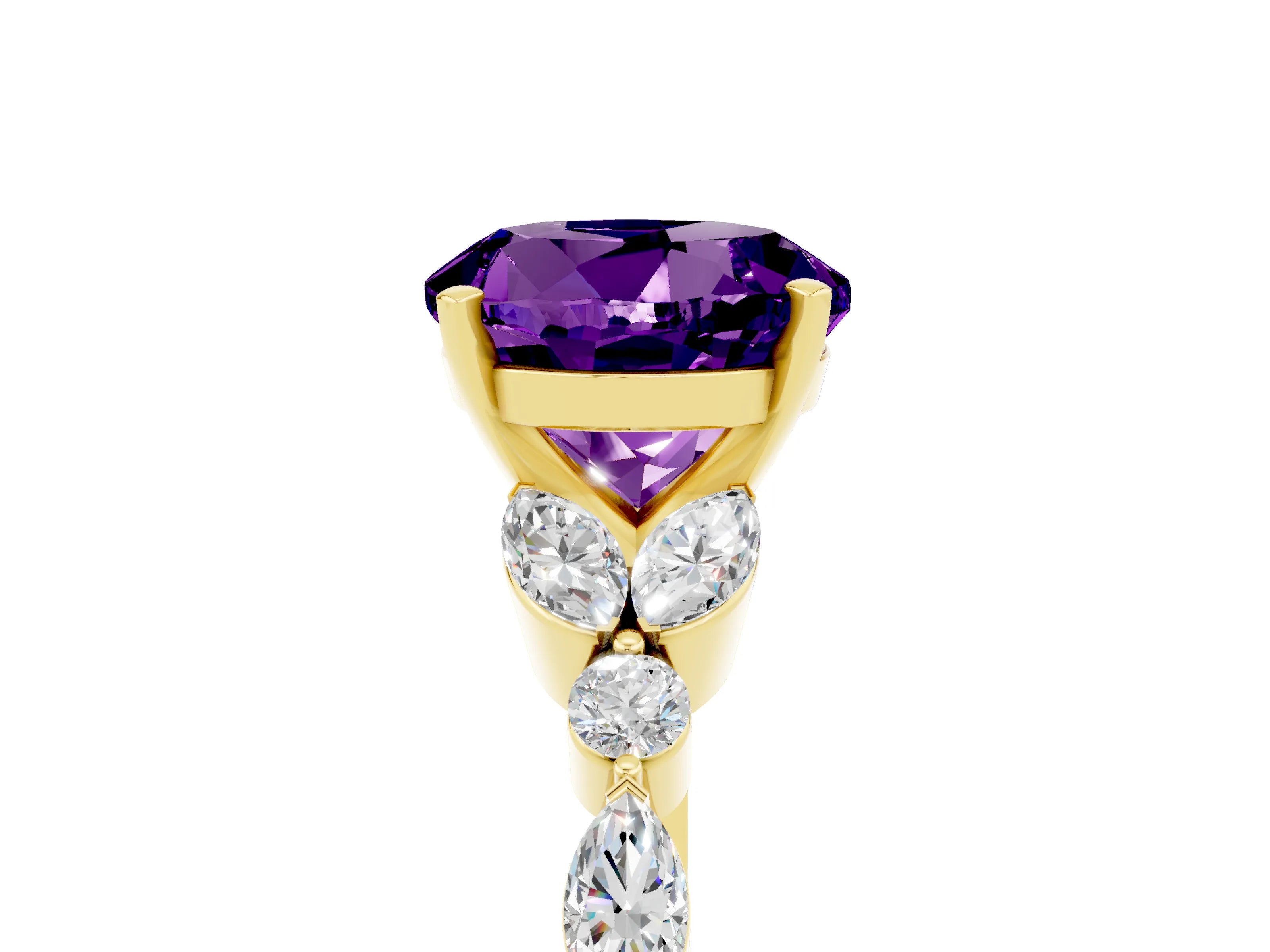 Yellow gold Round Cut Amethyst Solitaire Ring with Side Stones and Four-Prong Setting_17