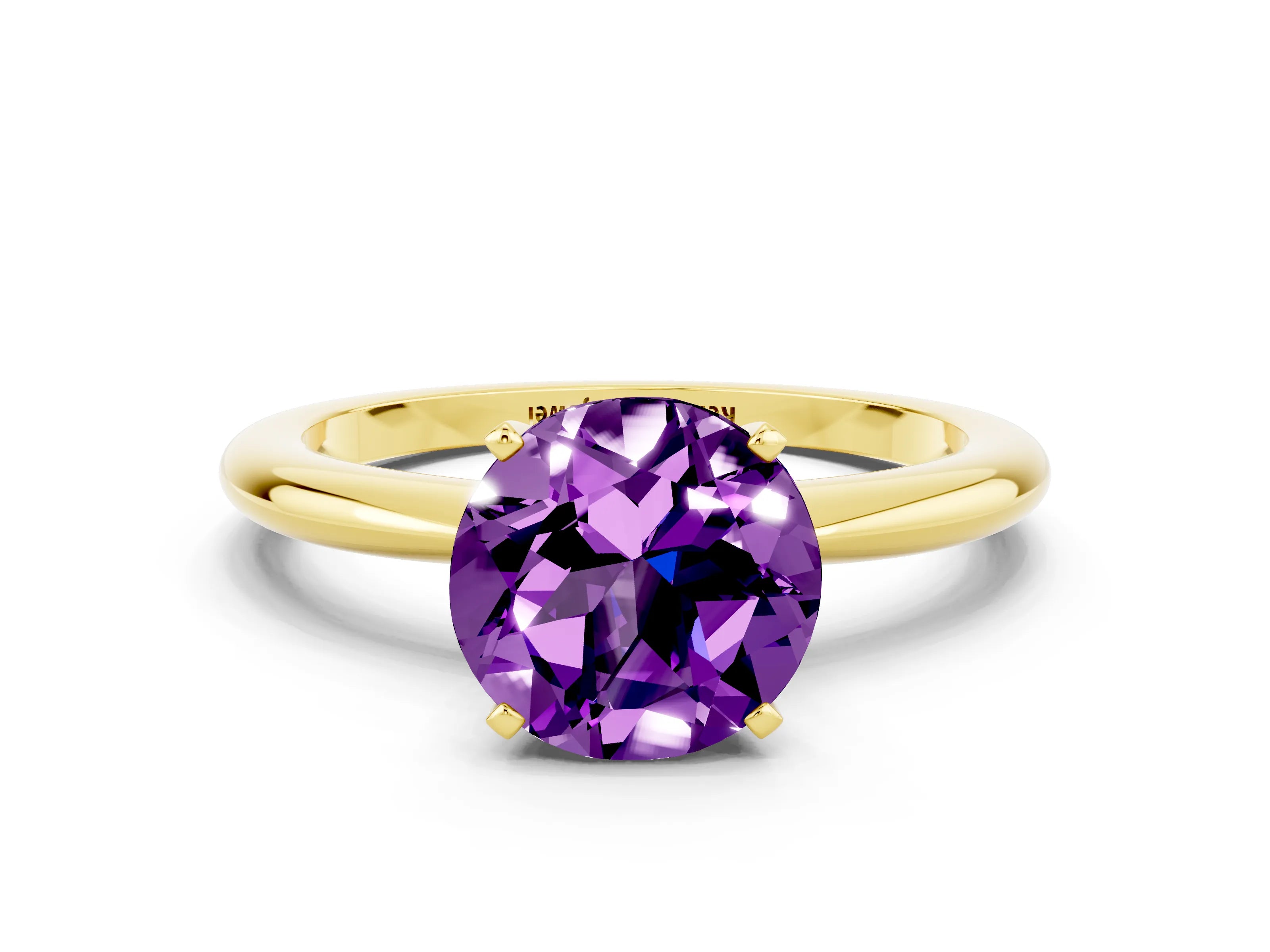 Yellow gold Round Cut Amethyst Solitaire Ring with Six-Prong Setting and Classic Band