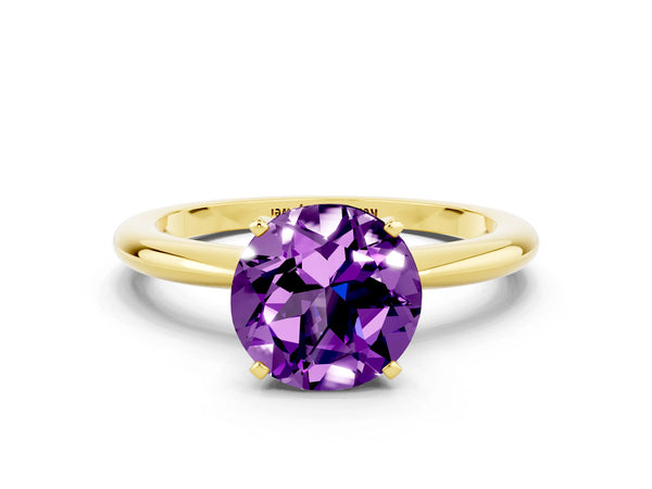 Yellow gold Round Cut Amethyst Solitaire Ring with Six-Prong Setting and Classic Band