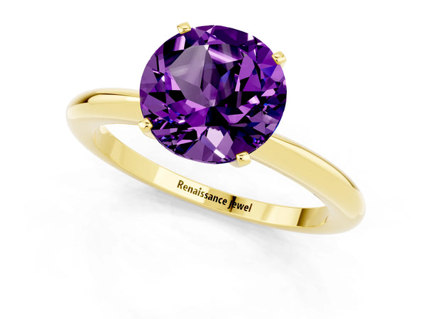 Yellow gold Round Cut Amethyst Solitaire Ring with Six-Prong Setting and Classic Band