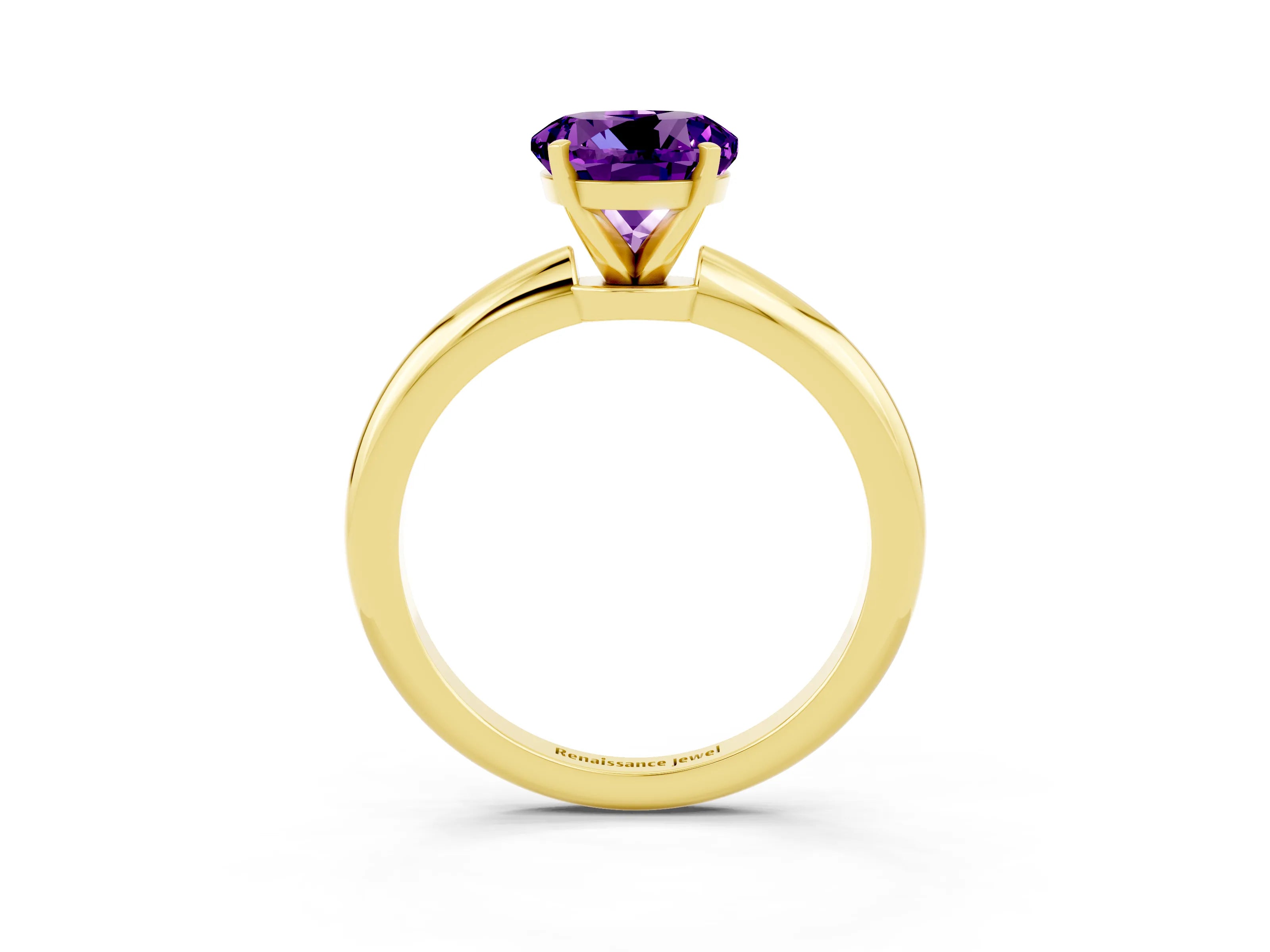Yellow gold Round Cut Amethyst Solitaire Ring with Six-Prong Setting and Classic Band_3