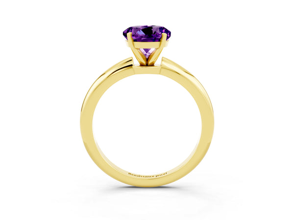 Yellow gold Round Cut Amethyst Solitaire Ring with Six-Prong Setting and Classic Band
