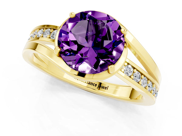 Yellow gold Round Cut Amethyst Solitaire Ring with Split Shank and Prong Setting