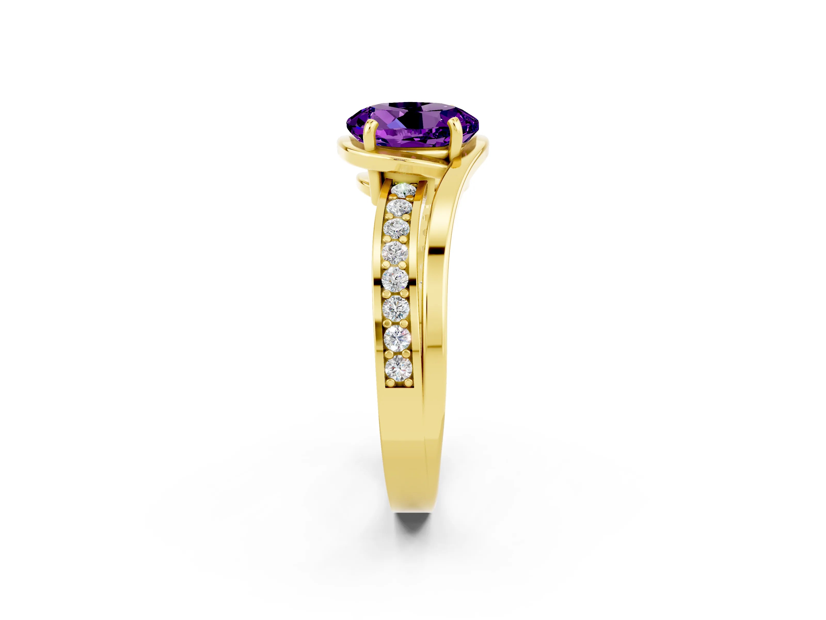 Yellow gold Round Cut Amethyst Solitaire Ring with Split Shank and Prong Setting_2