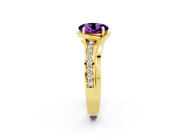 Yellow gold Round Cut Amethyst Solitaire Ring with Split Shank and Prong Setting