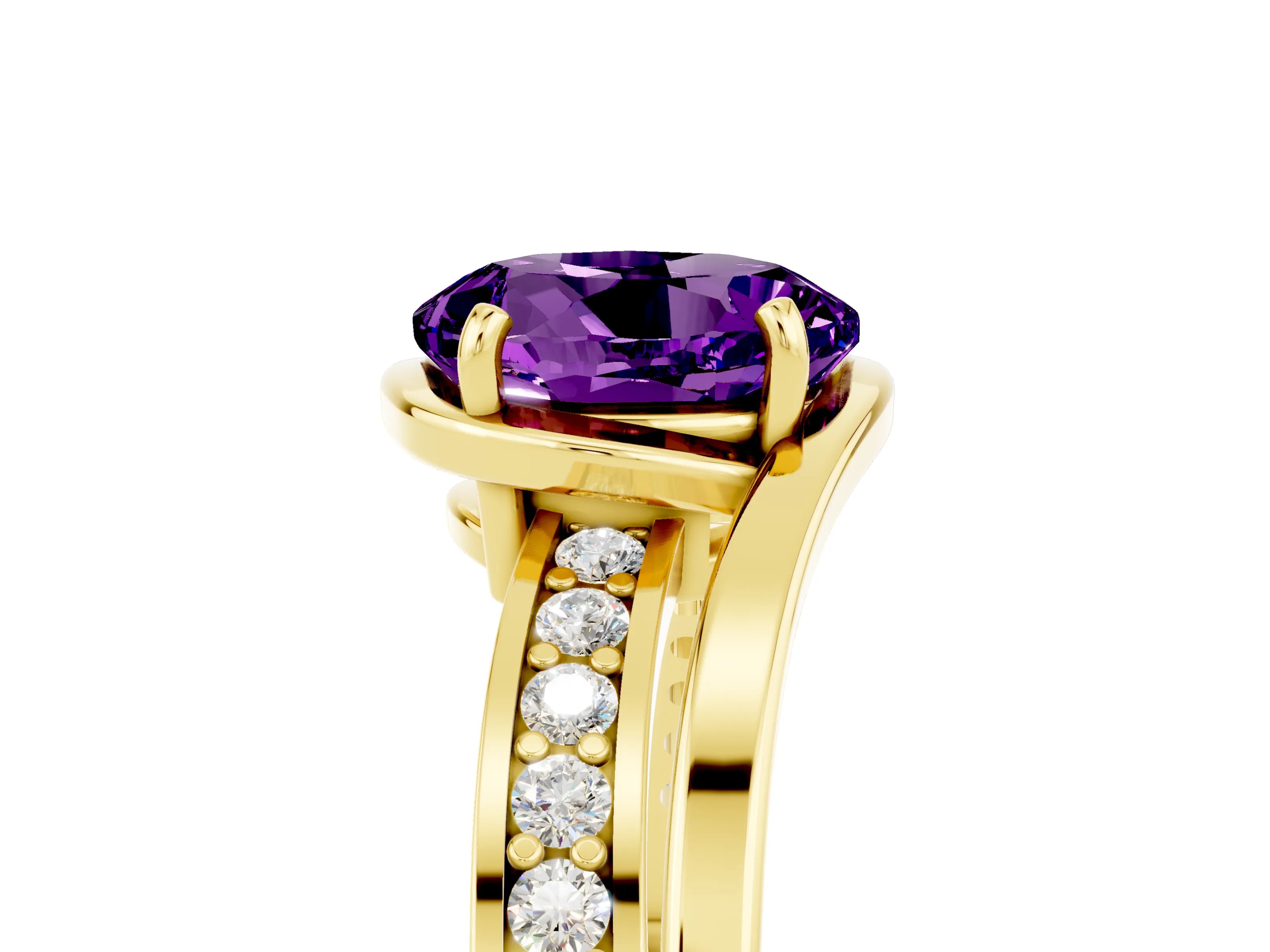 Yellow gold Round Cut Amethyst Solitaire Ring with Split Shank and Prong Setting_5