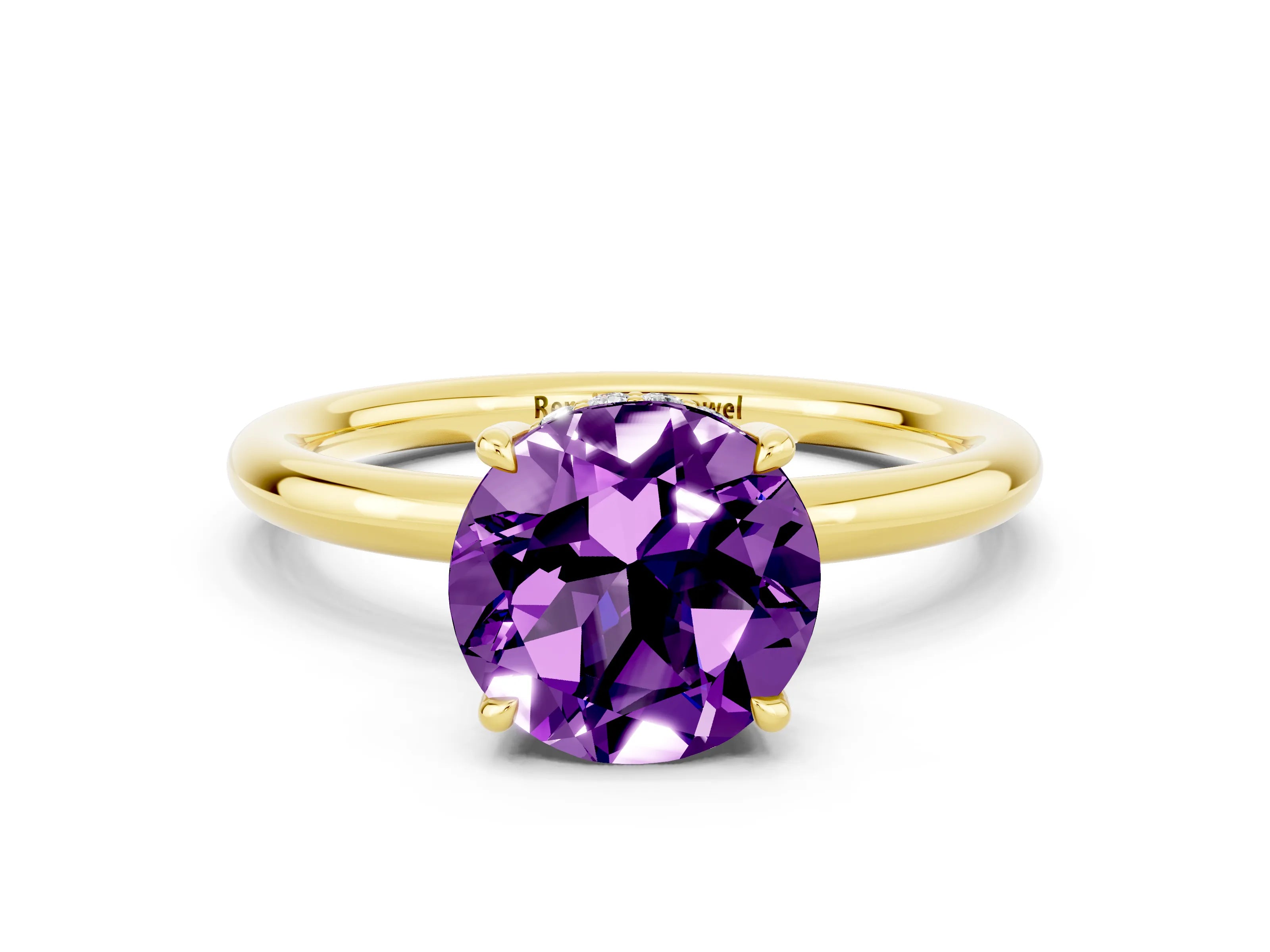 Yellow gold Round Cut Amethyst Solitaire Ring with Thin Band and Four-Prong Setting_12