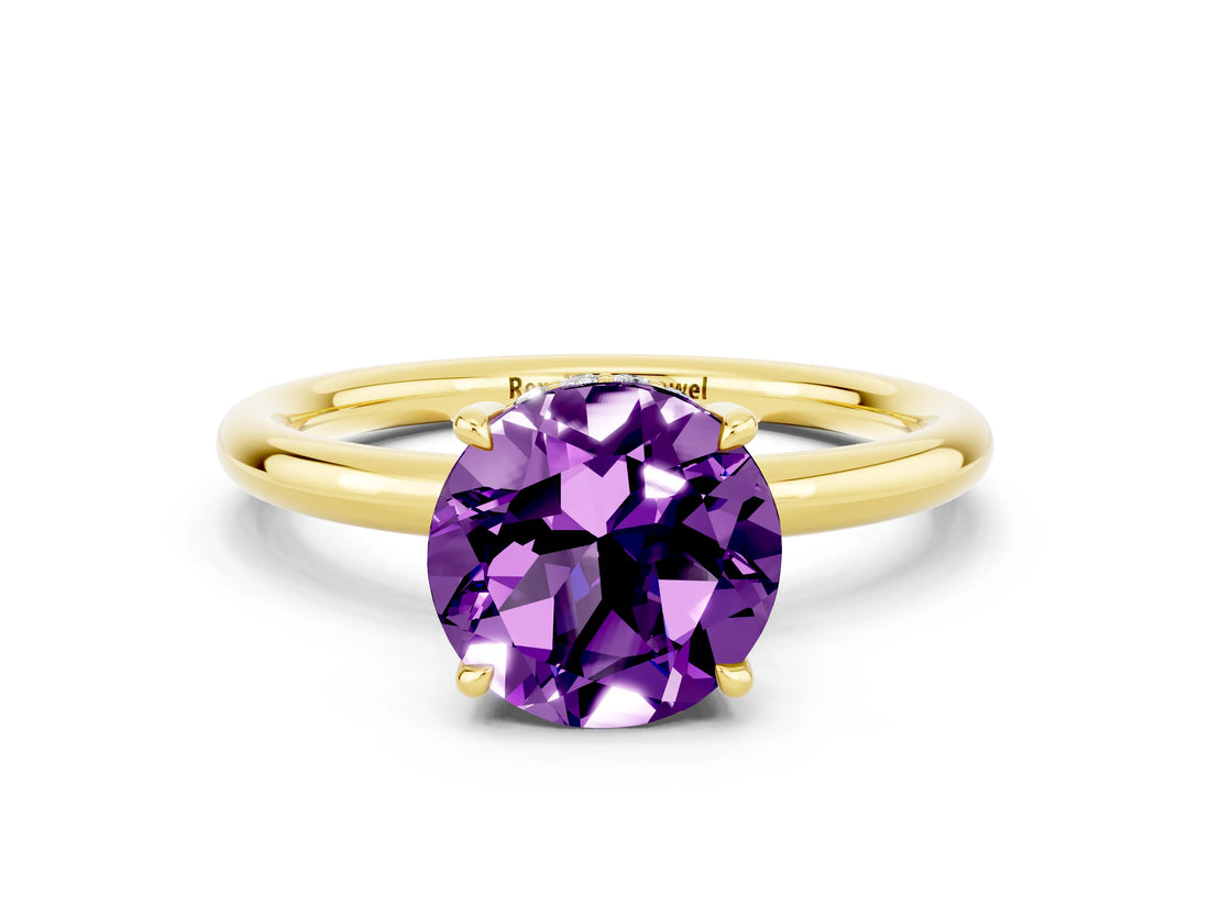 Yellow gold Round Cut Amethyst Solitaire Ring with Thin Band and Four-Prong Setting_12