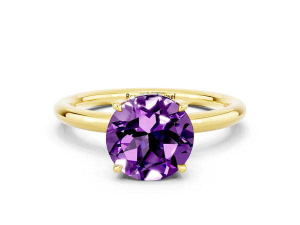 Yellow gold Round Cut Amethyst Solitaire Ring with Thin Band and Four-Prong Setting