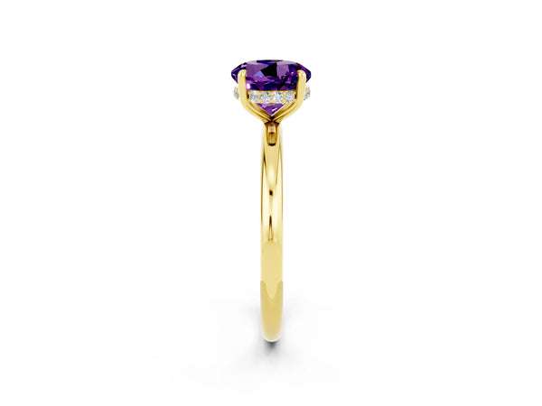 Yellow gold Round Cut Amethyst Solitaire Ring with Thin Band and Four-Prong Setting