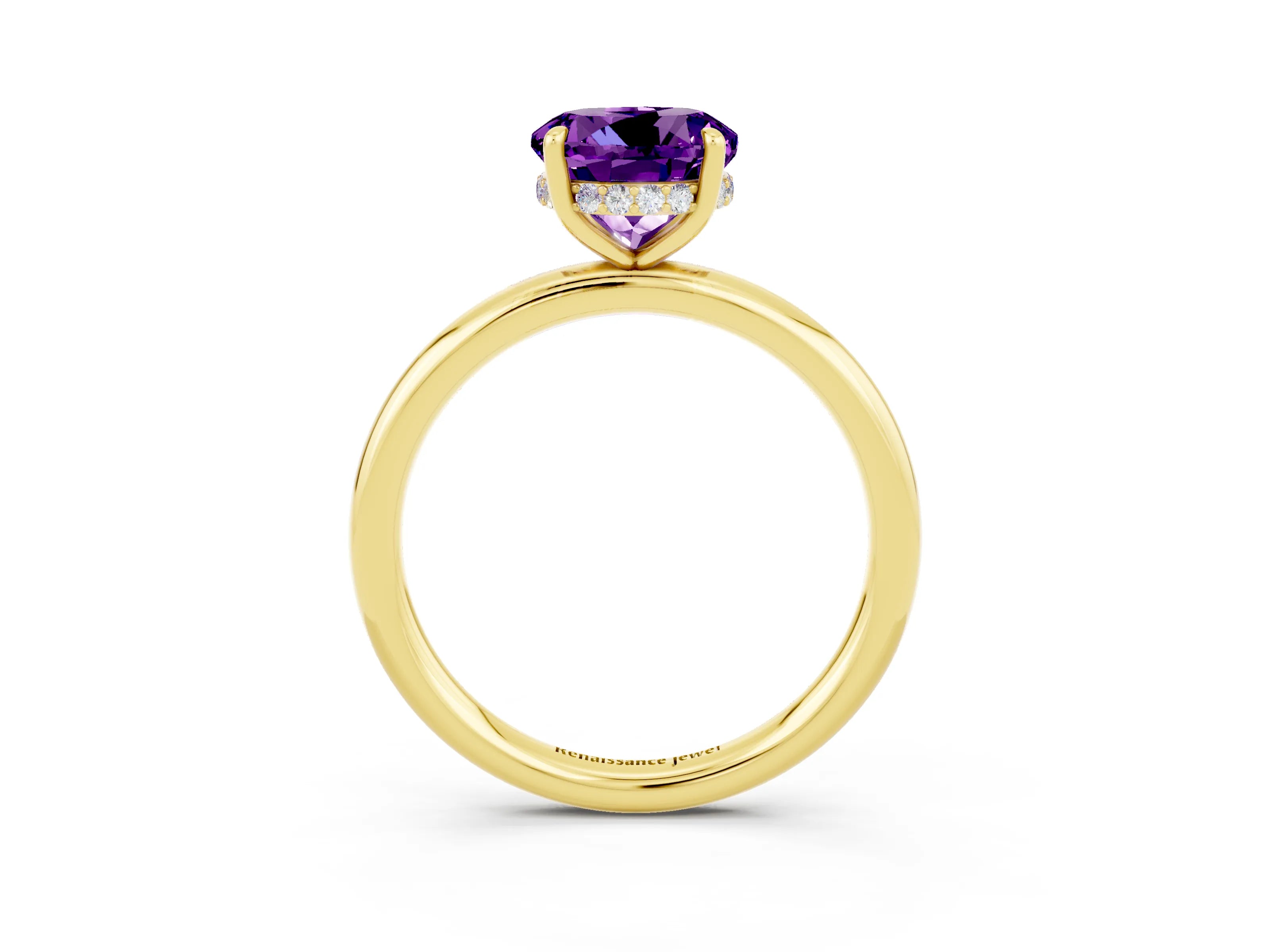 Yellow gold Round Cut Amethyst Solitaire Ring with Thin Band and Four-Prong Setting_15