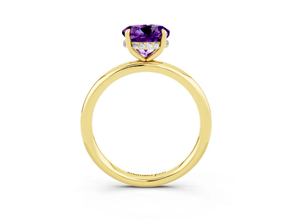 Yellow gold Round Cut Amethyst Solitaire Ring with Thin Band and Four-Prong Setting
