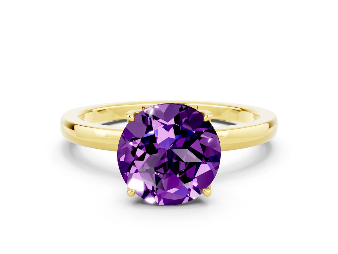 Yellow gold Round Cut Amethyst Solitaire Ring with Thin Band and Prong Setting_12