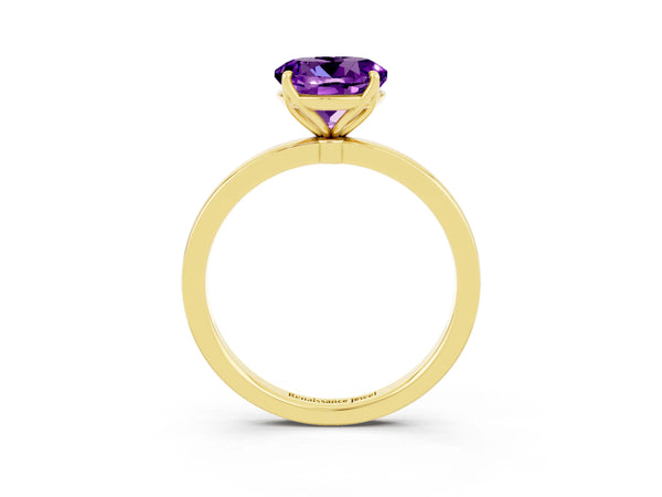Yellow gold Round Cut Amethyst Solitaire Ring with Thin Band and Prong Setting
