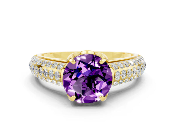 Yellow gold Round Cut Amethyst Solitaire Ring with Three-Row Pavé Band and Four-Prong Setting