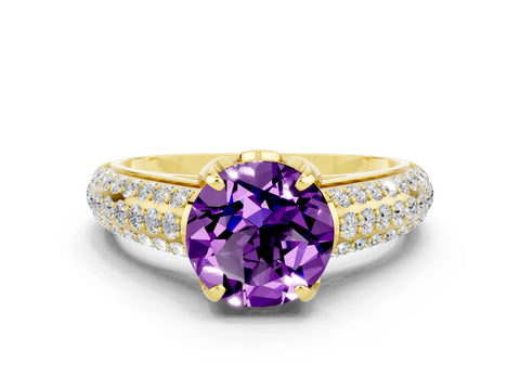 Yellow gold Round Cut Amethyst Solitaire Ring with Three-Row Pavé Band and Four-Prong Setting_12