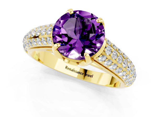 Yellow gold Round Cut Amethyst Solitaire Ring with Three-Row Pavé Band and Four-Prong Setting
