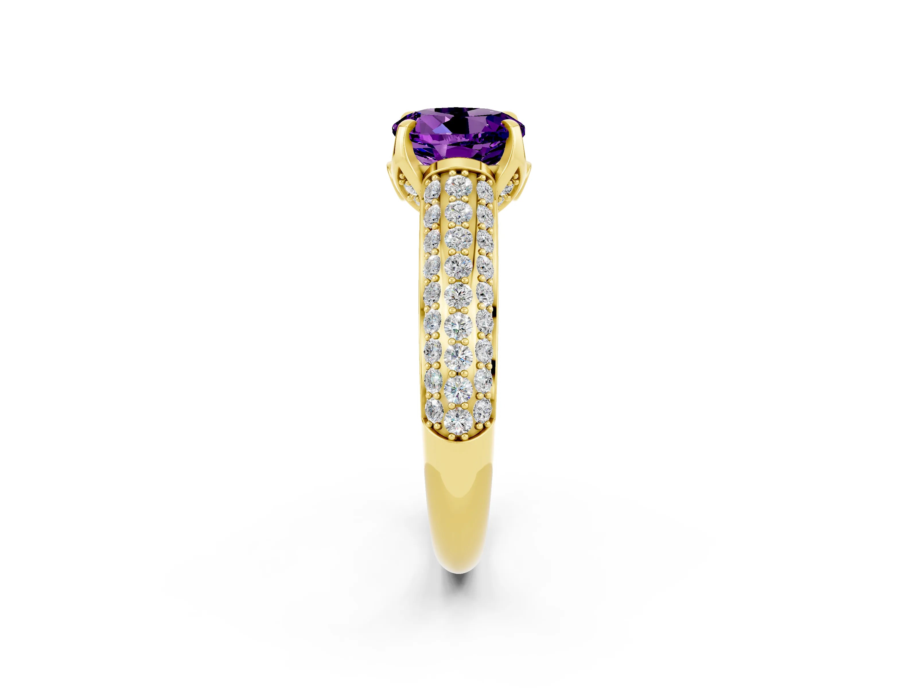 Yellow gold Round Cut Amethyst Solitaire Ring with Three-Row Pavé Band and Four-Prong Setting_14