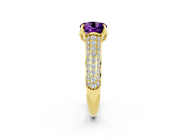 Yellow gold Round Cut Amethyst Solitaire Ring with Three-Row Pavé Band and Four-Prong Setting