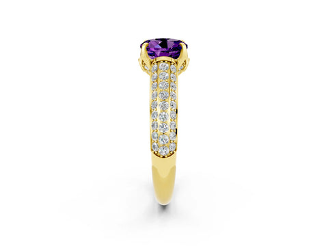 Yellow gold Round Cut Amethyst Solitaire Ring with Three-Row Pavé Band and Four-Prong Setting_14